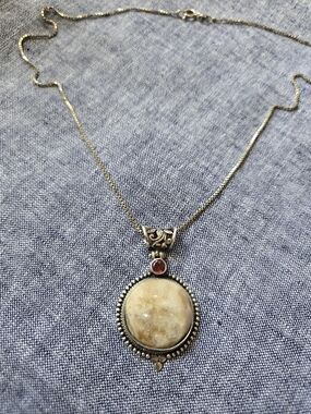 Sterling Silver With Calcite And  Pendant with Garnet Accent.